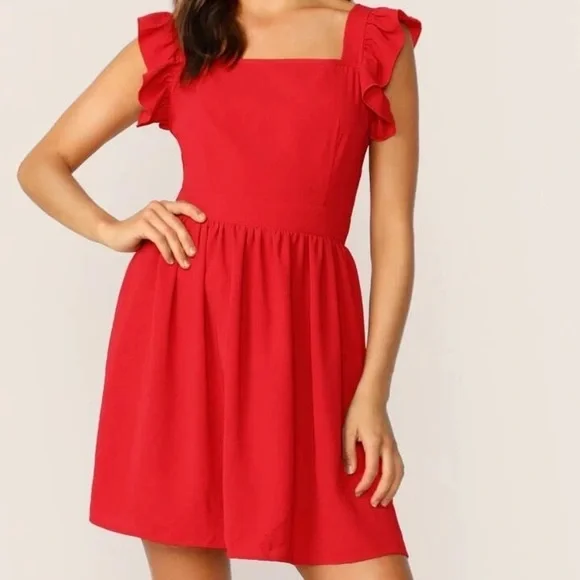 Shein NWOT Red Ruffle Sleeve Dress - Picture 2 of 7
